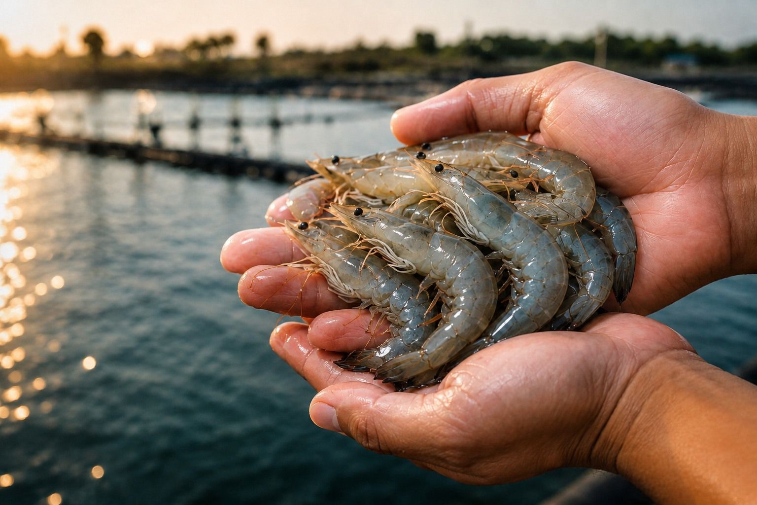 Hands holding fresh Vannamei shrimp beside aquaculture water