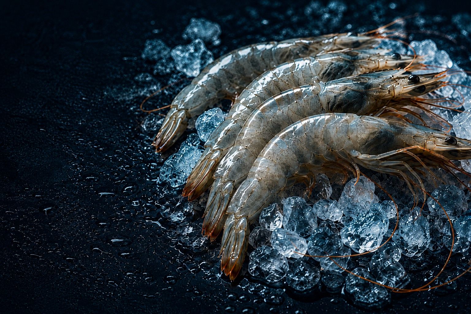 Fresh Ecuadorian Vannamei shrimp arranged over ice